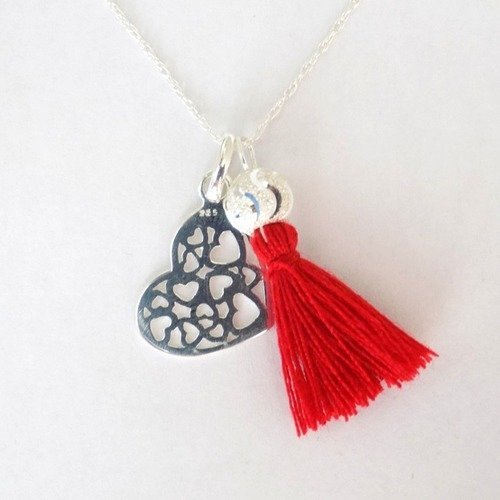Collier argent 925 pendentif coeurs pompon rouge
