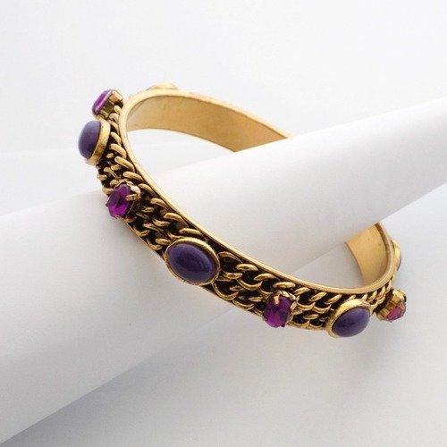 Bracelet jonc vintage doré mailles cabochons violets