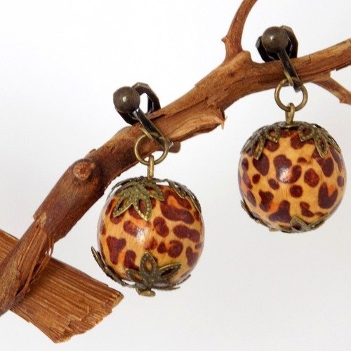 Boucles clips bronze perles bois léopard marron