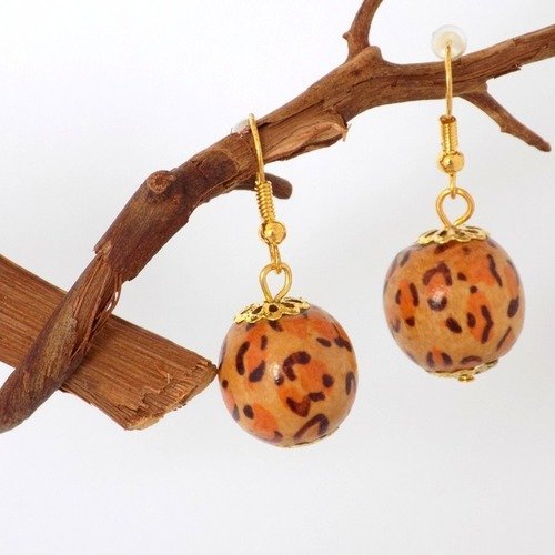 Boucles dorées perle bois léopard orange