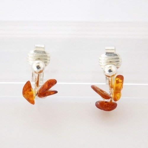 Boucles clips argentés perles ambrées