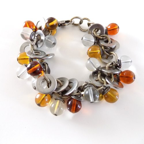Bracelet perles verre orange jaune rondelles acier