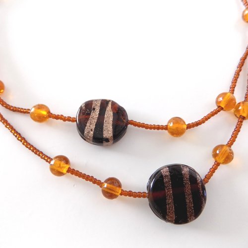 Collier 2 rangs perles de rocaille orange marron et perles verre
