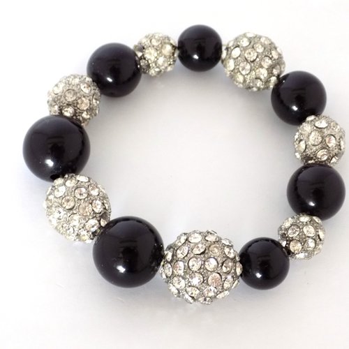 Bracelet grosses perles noires et perles argentées multi strass cristal