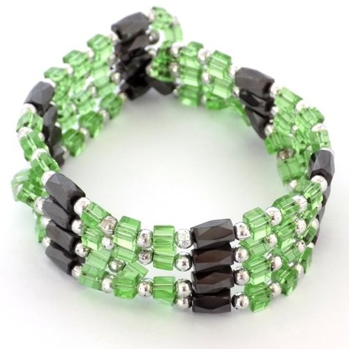Bracelet 5 tours perles vertes argenté et hématites aimantées ou collier court ou sautoir