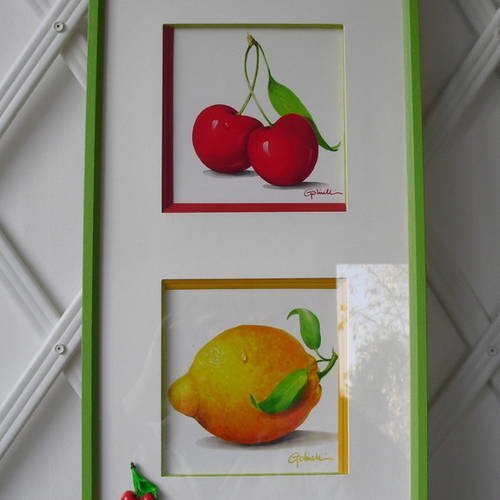 Cadre  murale: "citron et cerises " pour cuisine, illustrations de fruits multicolores