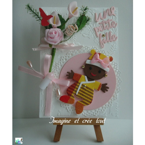 Kit carte faire part naissance bébé fille, embossée hibiscus,thème madras