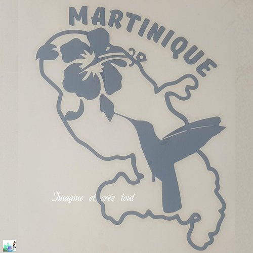 Martinique, stickers carrosserie, carte de la martinique, colibri, hibiscus, en vinyle gris brillant, hauteur 18 cm et largeur 14 cm