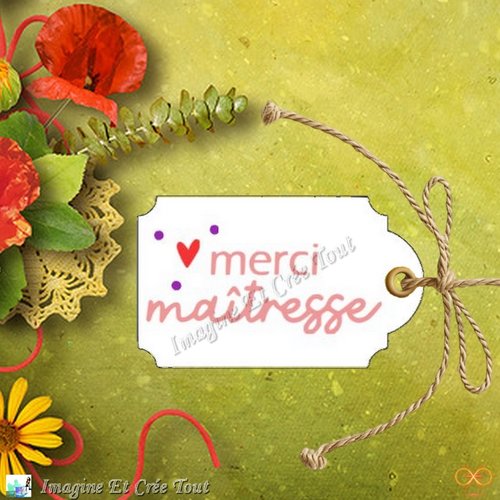 Étiquette personnalisée, "merci maîtresse", papier dessin blanc