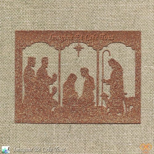 Découpe, cadre de noël, scène de la créche, rois mages, carton pailletés