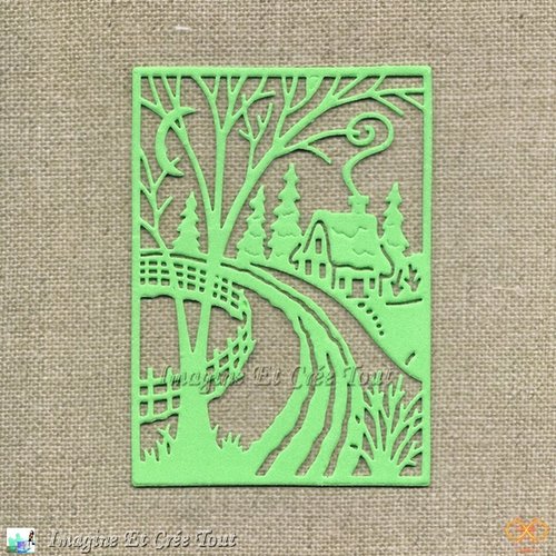 Découpe, cadre de noël, paysage de noël, sapins, cheminée, feuille de mousse