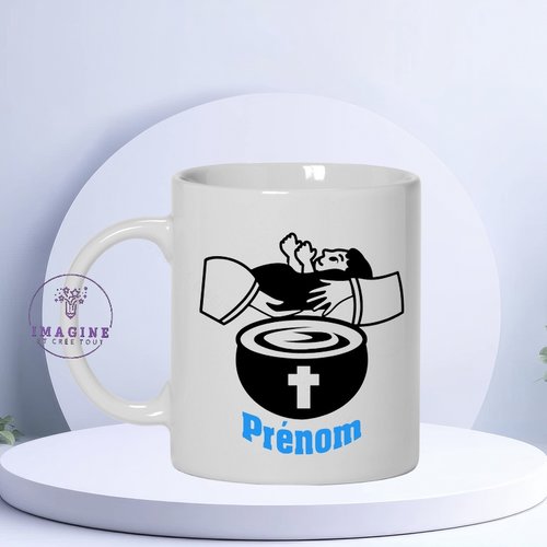 Mug, tasse, personnalisation, eau bénite, sublimation,baptême, garçon, filleul (prénom à préciser)