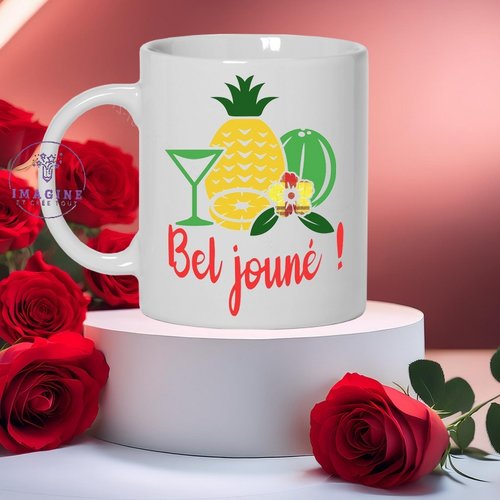 Mug, tasse, personnalisation, mot, sublimation, hibiscus, guadeloupe, tropique, bel jouné, ananas
