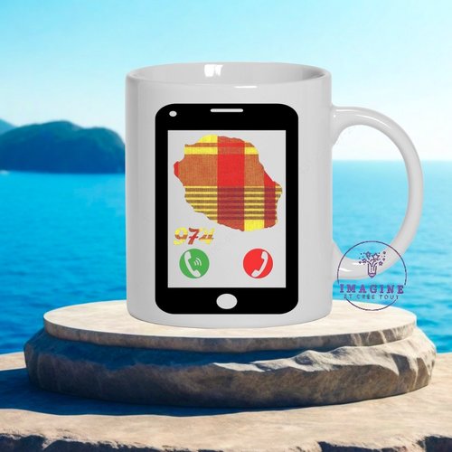 Mug la réunion - madras - 974 - phone - tasse mot - personnalisation - thème madras - cadeau à offrir