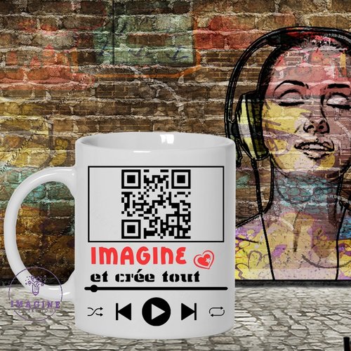 Mug qr code - boutique - créatrice - imagine et crée tout - love - ink - cadeau à offrir avec musique préférée