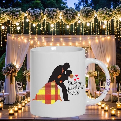Mug vive les jeunes mariés - mariage romantique - couple de mariés - noces - love - tropique - tenue madras - cadeau à offrir