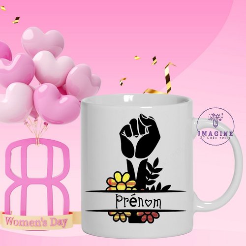 Mug main levée - journée des femmes - women's day - fleurs madras -  personnalisable - féminines -  cadeau à offrir