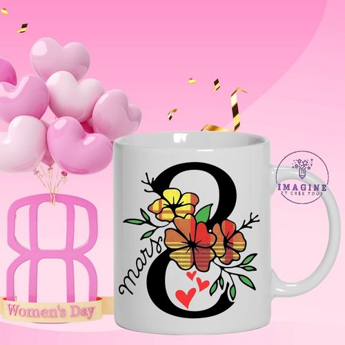 Mug 8 mars - journée des femmes - women's day - fleurs madras -  personnalisable - cœurs -  cadeau à offrir