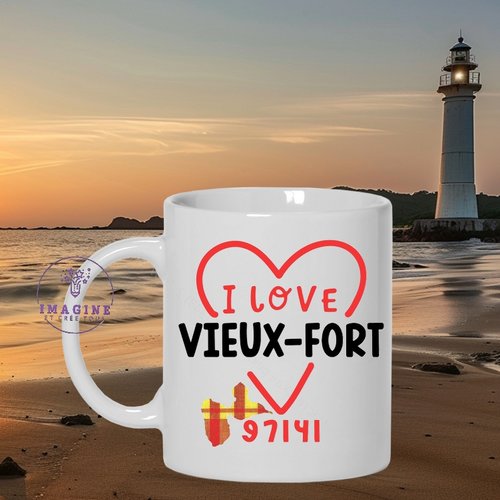 Mug vieux-fort - commune de la guadeloupe - 97141 - les vieux-fortains - le phare - la pointe à launay - cadeau à offrir