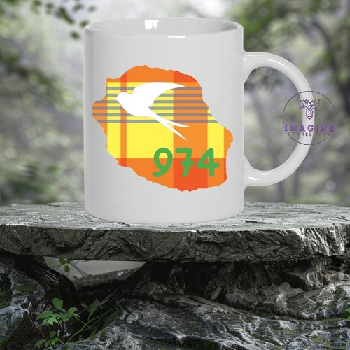 Mug carte de la réunion - le piton de la fournaise - 974 - paille-en-queue - palmier - cadeau à offrir