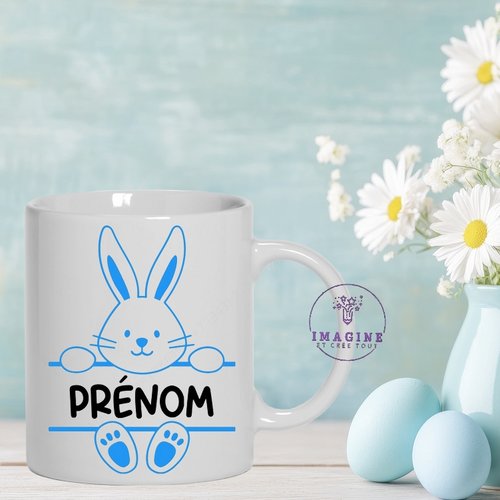 Mug joyeuses pâques - fête - cœurs - œufs - lapin - chocolat - cadeau à offrir (prénom garçon à préciser)
