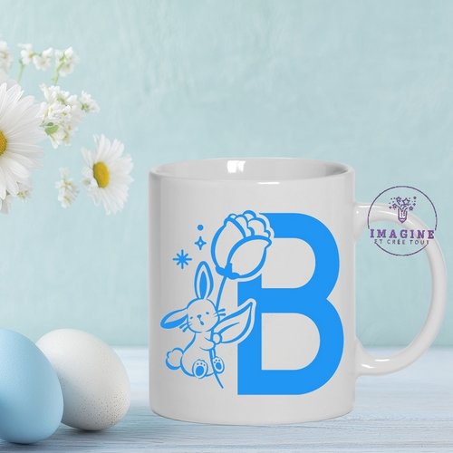 Mug lapin initiale - œuf - cœurs - prénom - lapin - chocolat - cadeau à offrir (initiale garçon à préciser)