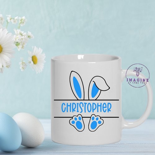 Mug lapin prénom - œuf - cœurs - bunny - love - garçon - chocolat - cadeau à offrir (prénom à préciser)