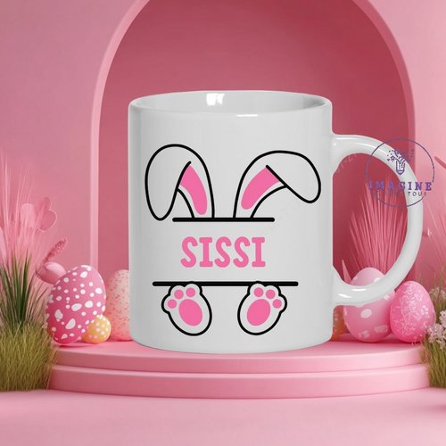 Mug lapin prénom - œuf - cœurs - bunny - love - fille - chocolat - cadeau à offrir (prénom à préciser)