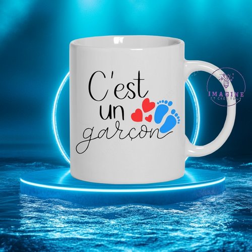 Mug c'est un garçon - cœurs - baby shower - love -  boy  - gender - tétine - bleu - cadeau à offrir