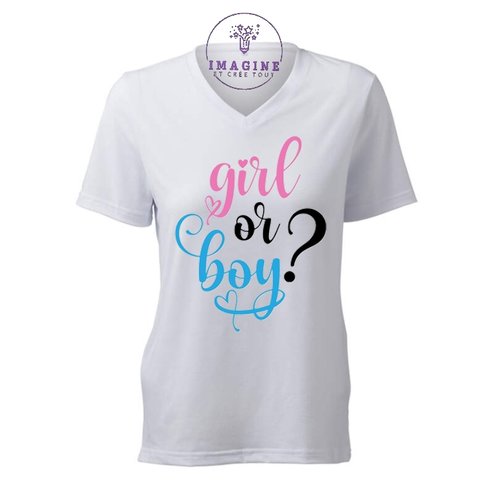 T-shirt personnalisé pour femme - v - révélation - baby shower - gender - girl or boy - fille ou garçon - naissance