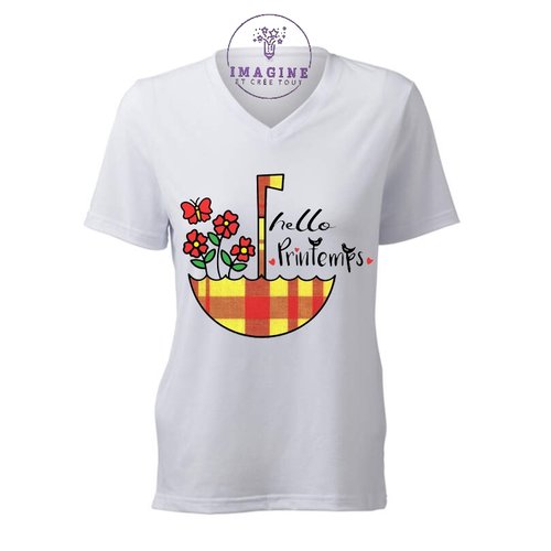 T-shirt personnalisé pour femme - encolure v - hello printemps - fleuraisons - tulipes - spring - mars -thème madras