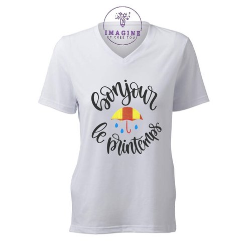 T-shirt personnalisé pour femme - encolure v - hello printemps - fleuraisons - tulipes - spring - mars -thème madras