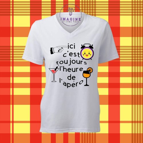 T-shirt personnalisé pour femme - encolure v - changement heure - apéro - réveil - cocktails - barman