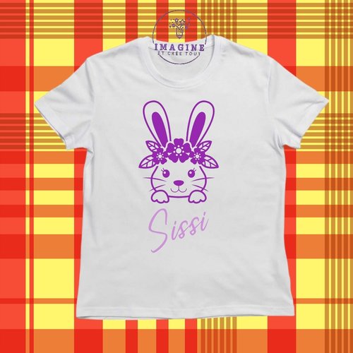T-shirt personnalisé pour jeunes - col rond - lapin - rabit - pâques - mixte - fille - (prénom à préciser)