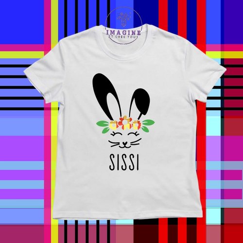 T-shirt personnalisé pour jeunes - col rond - lapin - rabit - pâques - mixte - fille - madras - (prénom à préciser)