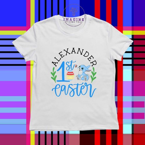T-shirt personnalisé pour jeunes - col rond - lapin - rabit - pâques - mixte - garçon - œuf - 1st easter - (prénom à préciser)