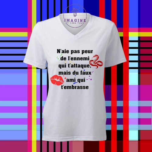T-shirt personnalisé pour femme - encolure v -  serpent - bise - phrase -pensée - vérité