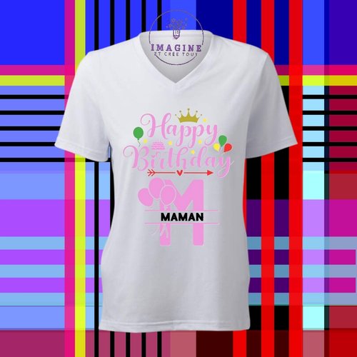 T-shirt personnalisé pour femme - encolure v - joyeux anniversaire - happy birthday - fête - maman - mother - gâteau - ballons