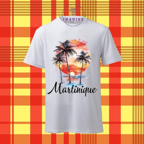 T-shirt personnalisé pour homme - ras du cou - martinique - ile aux fleurs - madinina - 972 - cocotiers - plage - couchée soleil