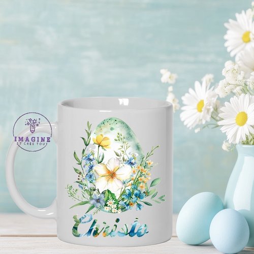 Mug pâques - œuf - chocolats  - lapins - résurrection - cloches - religion - aquarelle (prénom à préciser)