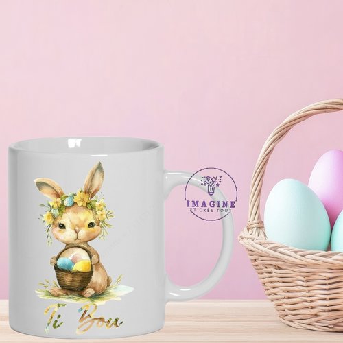Mug pâques - œuf - chocolats  - lapins - résurrection - cloches - religion - aquarelle (prénom à préciser)