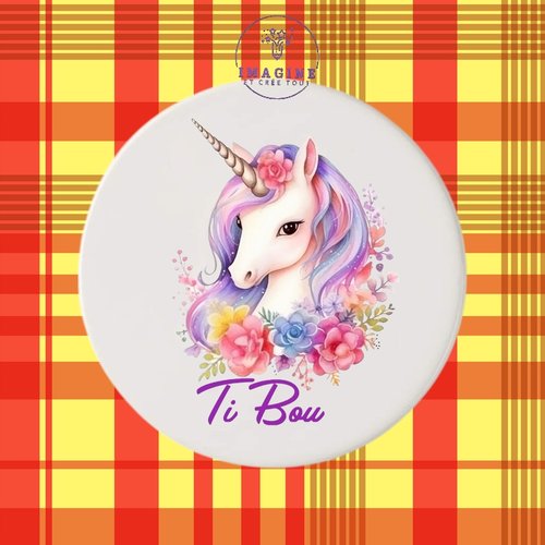 Sous verre en céramique - licorne - corne - magique - conte - fleurs - fille (prénom à préciser)