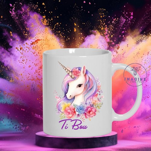 Mug licorne - tasse - corne - magique - conte - fleurs - fille (prénom à préciser)