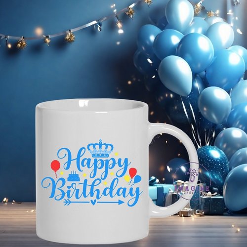 Mug  happy birthday - joyeux anniversaire - fête - party - ballons cadeau - couronne (prénom à préciser)