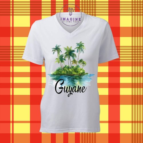 T-shirt personnalisé pour femme - col v - guyane - 973 - cocotiers - cayenne - musée de l'espace de kourou