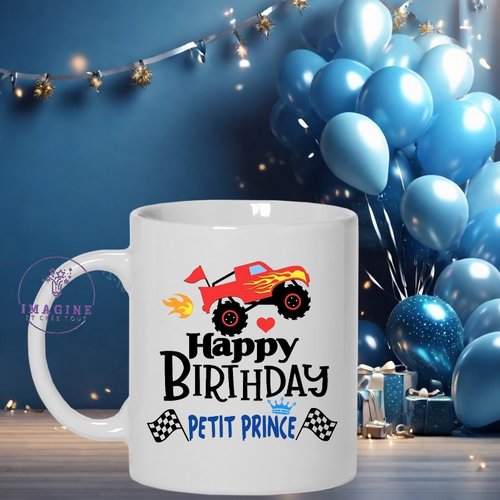 Mug  happy birthday - joyeux anniversaire - petit prince - quad - garçon - course - formule 1 - véhicules - drapeau arrivé