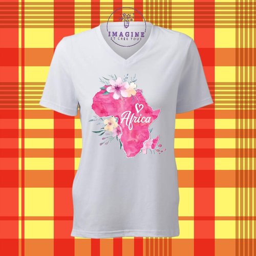 T-shirt personnalisé pour femme - col v - carte - africa - aquarelle - continent - wax - désert marocain - chutes zimbabwéennes