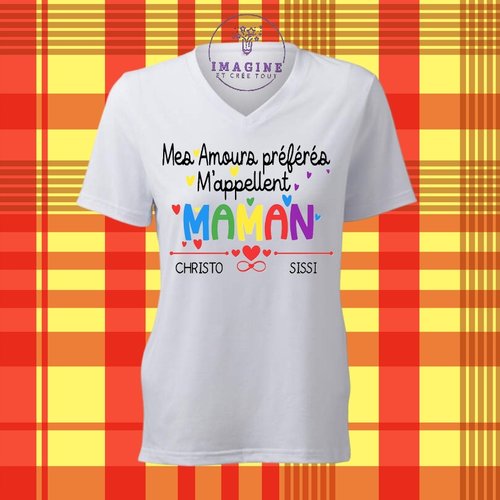 T-shirt personnalisé pour femme - col v - fête maman - enfants - amour - infini - cœurs - mother day ( prénoms à préciser)