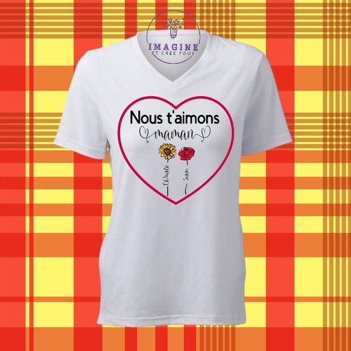 T-shirt personnalisé pour femme - col v - fête - maman - enfants - amour - love - fleurs - jardin - cœur (prénoms à préciser)