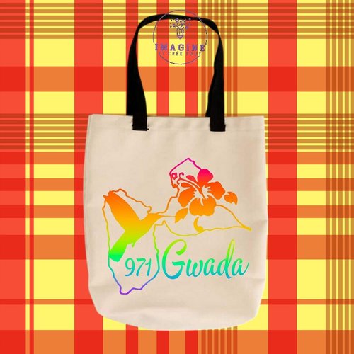 Tote bag personnalisable m - sublimation - carte guadeloupe - 971 - gwada - karukera - colibri - hibiscus - arc en ciel